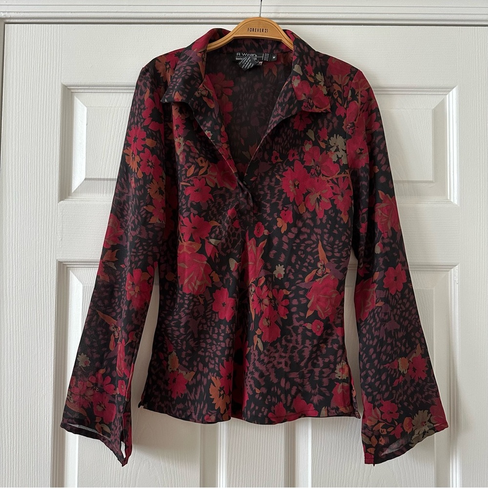 Vintage Rampage 90s Blouse Floral Flare Sleeve Bell 70s Style V Neck Red Maroon